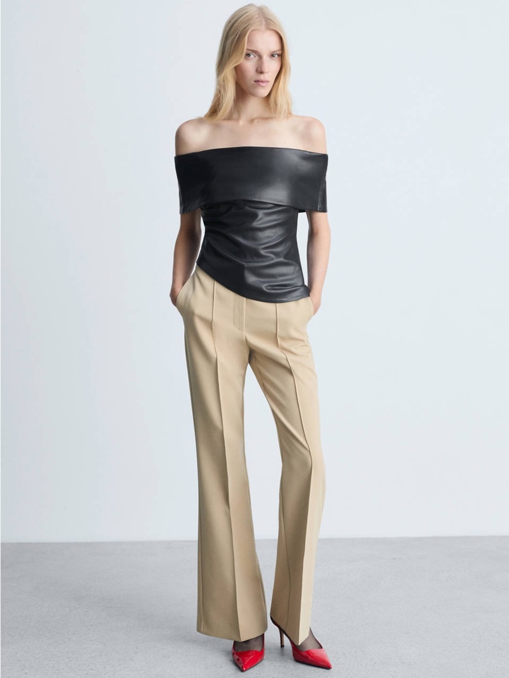 Mango Black Faux Leather Off Shoulder Top Size Large Ruched Side Party Glam NWT - Picture 5 of 15